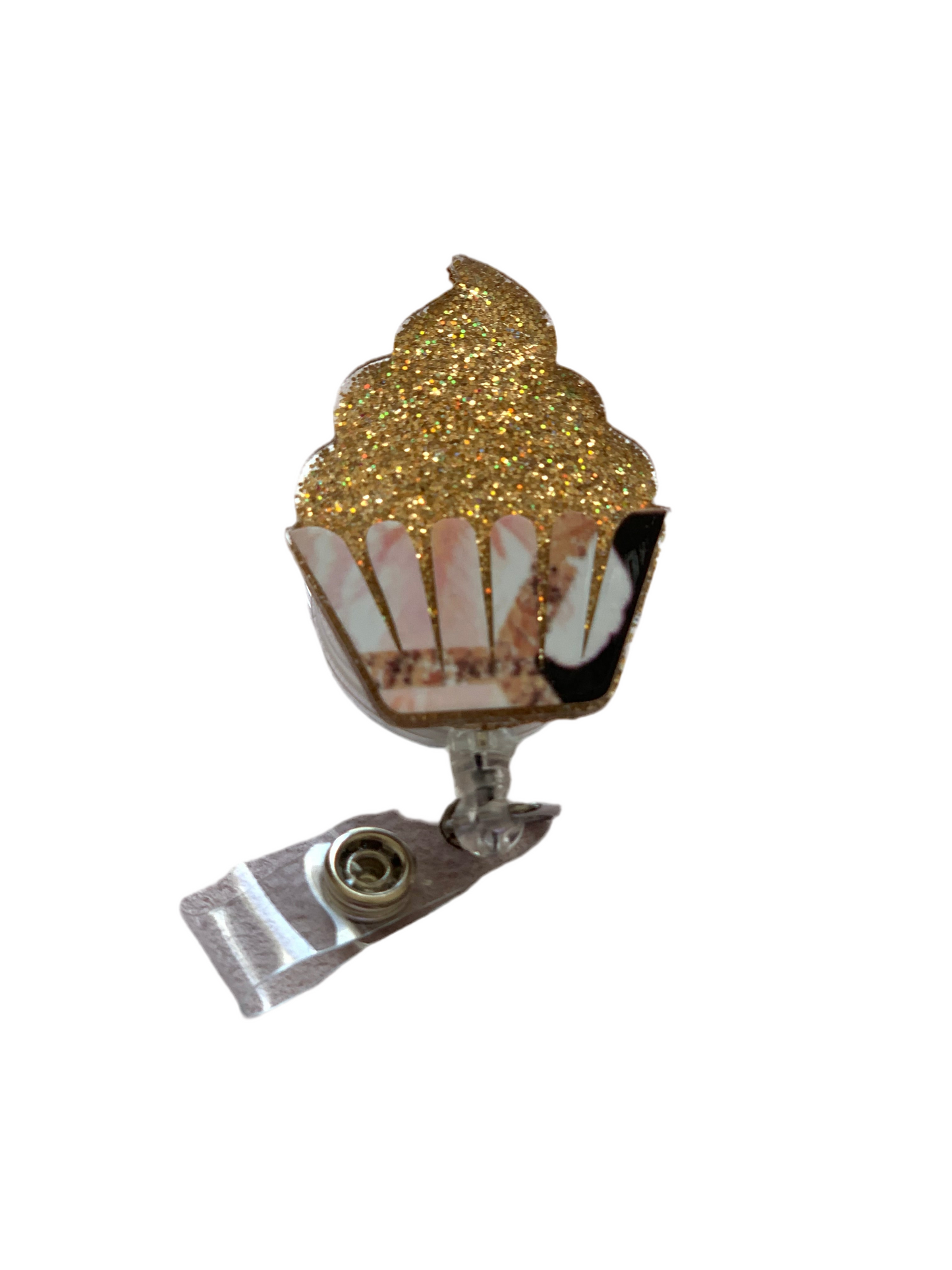 GOLD GLITTER CUPCAKE ACRYLIC I.D BADGE REEL