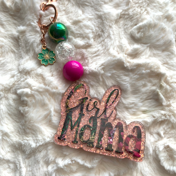 BLACK FLORAL GIRL MAMA ACRYLIC KEYCHAIN & BAG CHARM