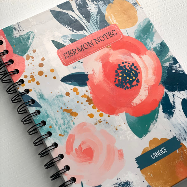 Abstract Blooms Personalized Hard Cover Spiral Sermon Notebook, Journal