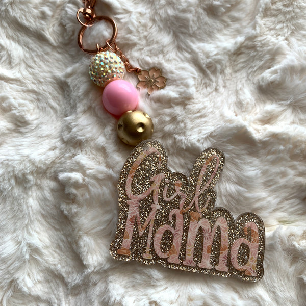 LIGHT PINK FLORAL GIRL MAMA ACRYLIC KEYCHAIN & BAG CHARM