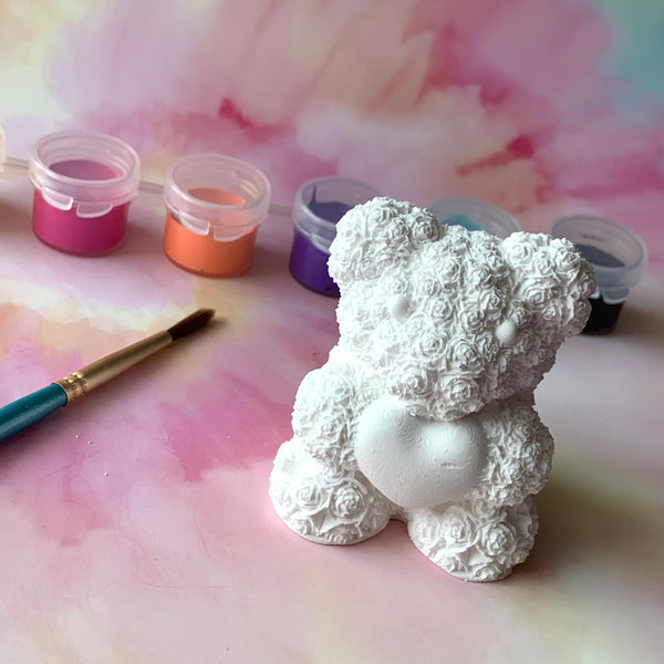 PAINT YOUR OWN ROSE BEAR WITH HEART CERAMIC KIT, DIY POTTERY PAINTING ACTIVITY FOR KIDS AND ADULTS