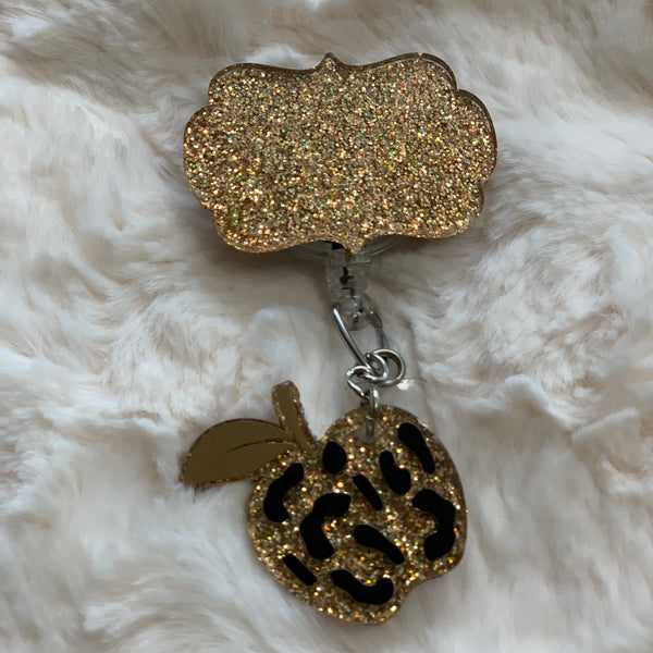 PERSONALIZED GOLD BRACKET WITH GOLD APPLE CHARM ACRYLIC I.D BADGE REEL, HOLDER