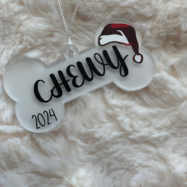 PERSONALIZED ACRYLIC SANTA HAT DOG BONE, PET, ANIMAL ORNAMENT