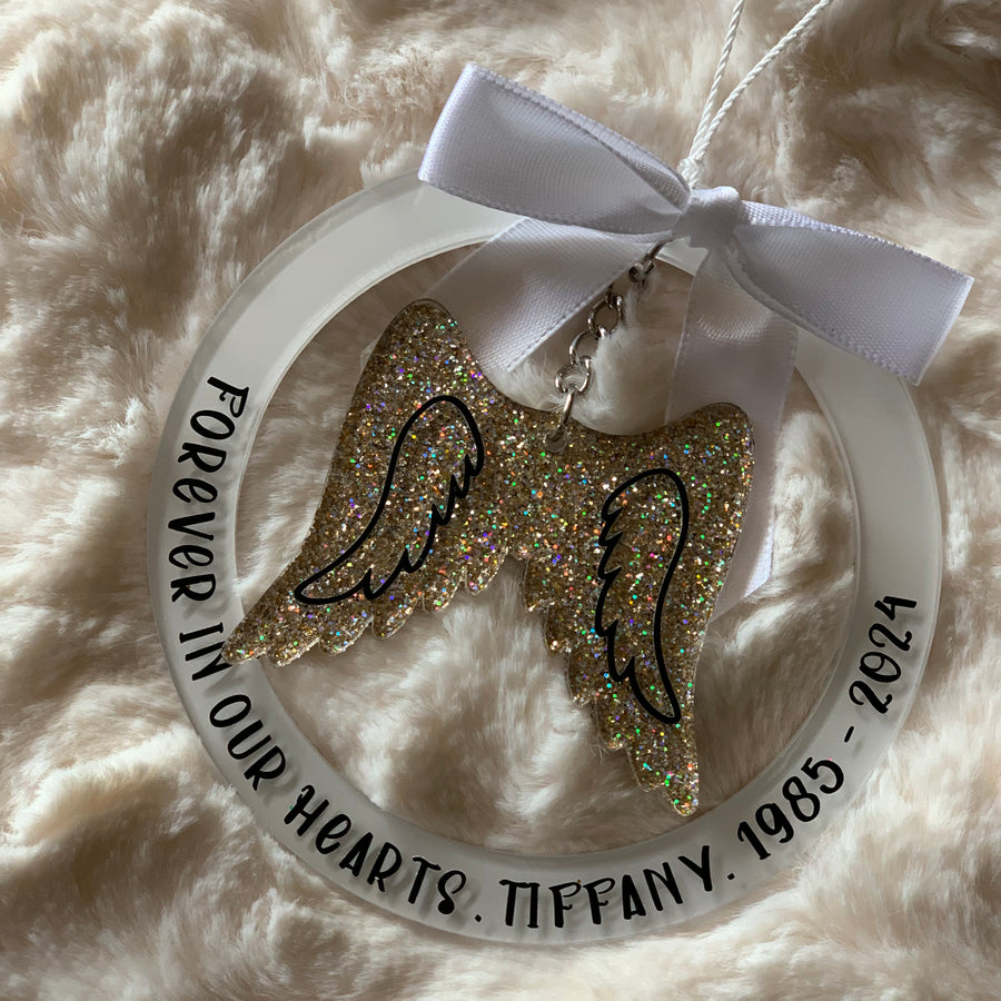 PERSONALIZED ACRYLIC ANGEL WINGS, MEMORIAL ORNAMENT