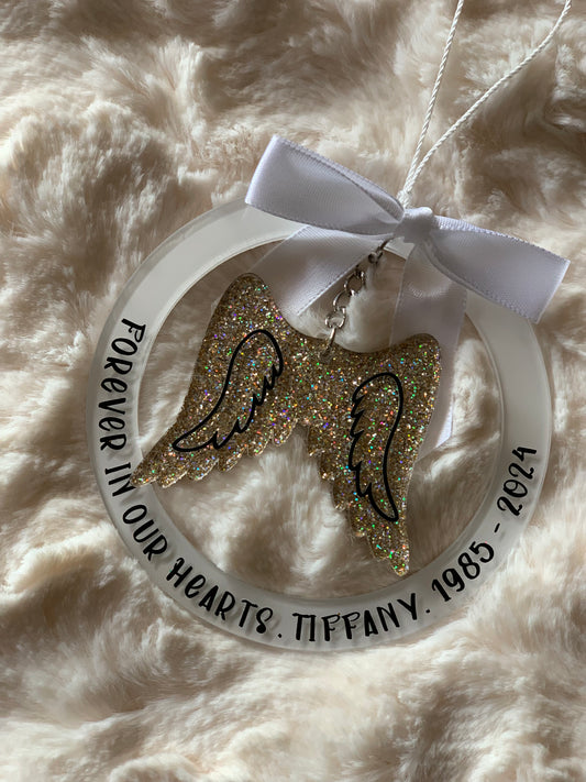 PERSONALIZED ACRYLIC ANGEL WINGS, MEMORIAL ORNAMENT