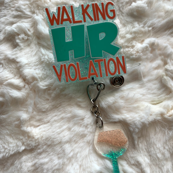 WALKING HR VIOLATION WITH WINE GLASS CHARM ACRYLIC I.D BADGE REEL