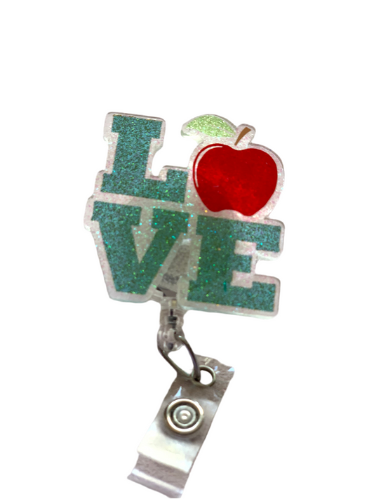 GREEN & RED LOVE TEACHING ACRYLIC I.D BADGE REEL