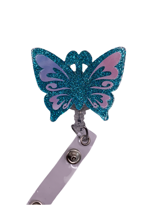 BLUE GLITTERED BUTTERFLY ACRYLIC I.D BADGE REEL