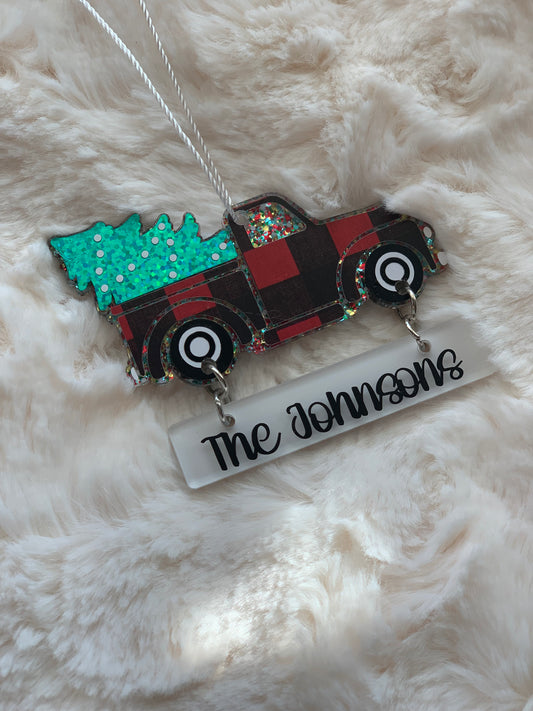 PERSONALIZED ACRYLIC CHRISTMAS TRUCK FAMILY ORNAMENT