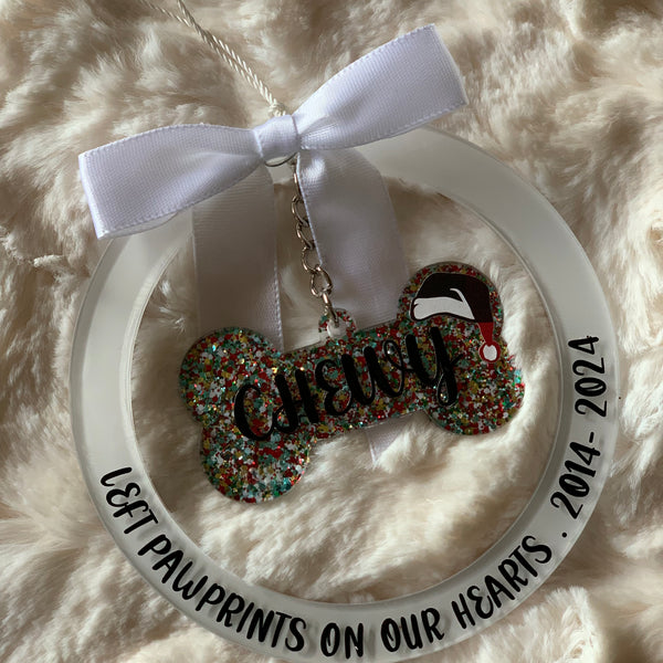 PERSONALIZED ACRYLIC SANTA HAT MEMORIAL DOG BONE, PET, ANIMAL ORNAMENT