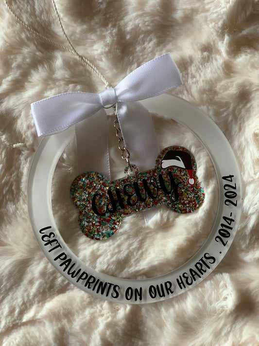 PERSONALIZED ACRYLIC SANTA HAT MEMORIAL DOG BONE, PET, ANIMAL ORNAMENT