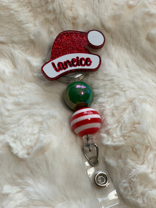 CUTE PERSONALIZED CHRISTMAS, HOLIDAY SANTA HAT BADGE REEL