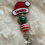 CUTE PERSONALIZED CHRISTMAS, HOLIDAY SANTA HAT BADGE REEL, HOLDER