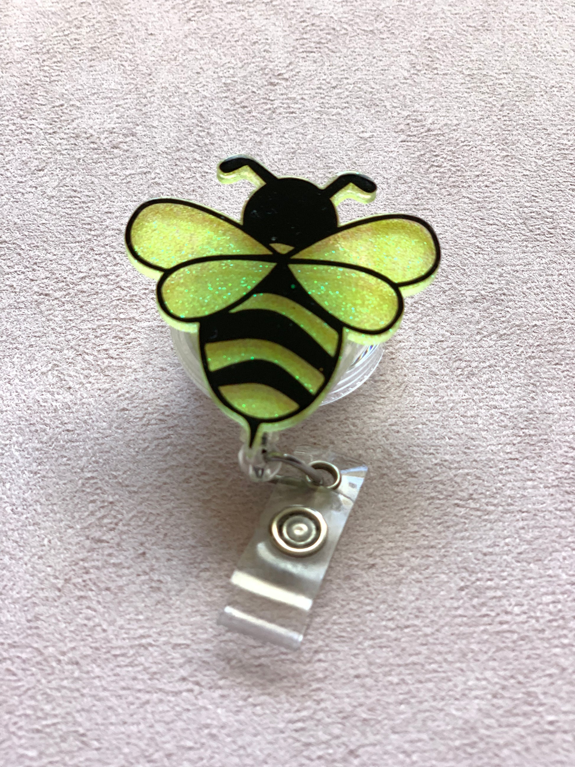 Acrylic Black & Yellow Bee Belt Clip Retractable I.D Badge Reel
