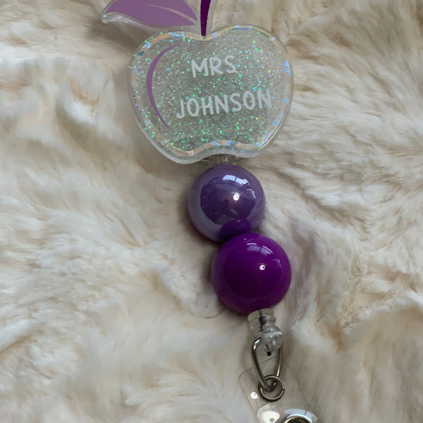 PURPLE PERSONALIZED TEACHER APPLE BADGE REEL, HOLDER