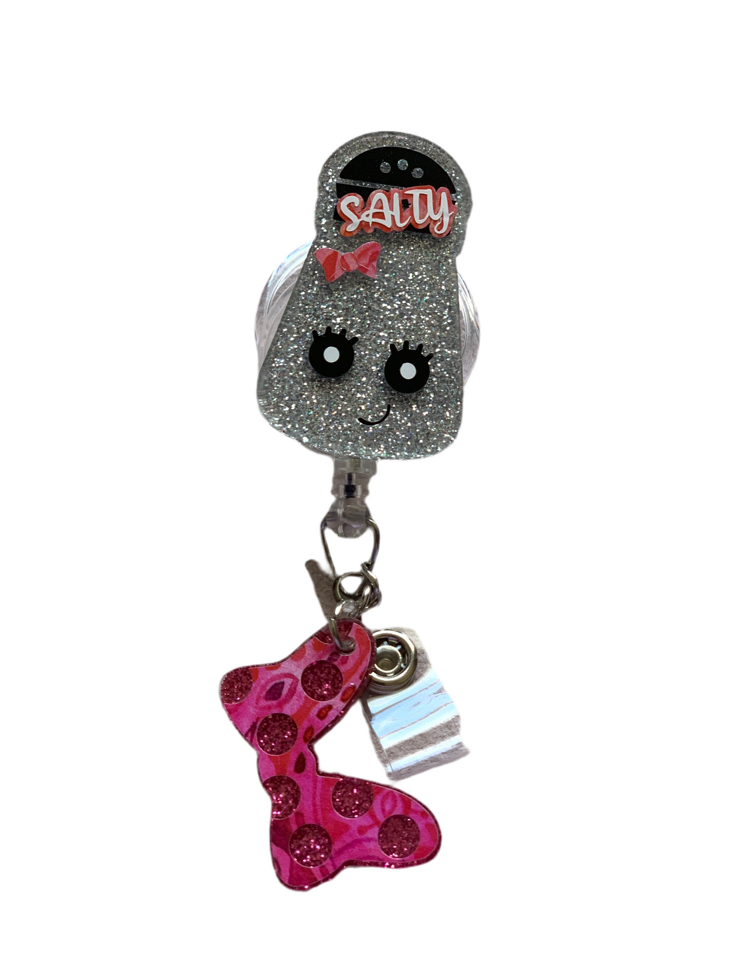 SILVER SALTY SALT SHAKER WITH BOW CHARM ACRYLIC I.D BADGE REEL