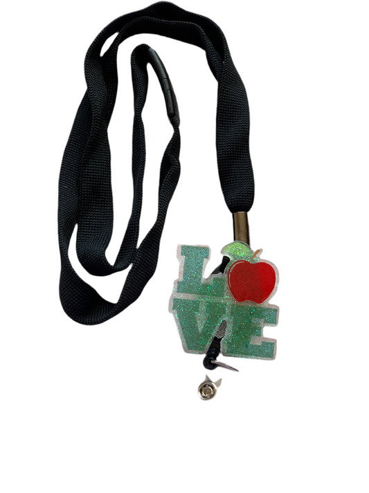 GREEN & RED LOVE TEACHING ACRYLIC I.D BADGE REEL