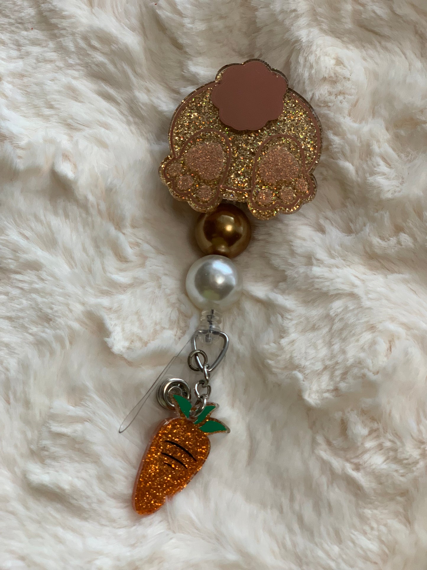 GOLD BUNNY BUTT WITH CARROT CHARM ACRYLIC I.D BADGE REEL