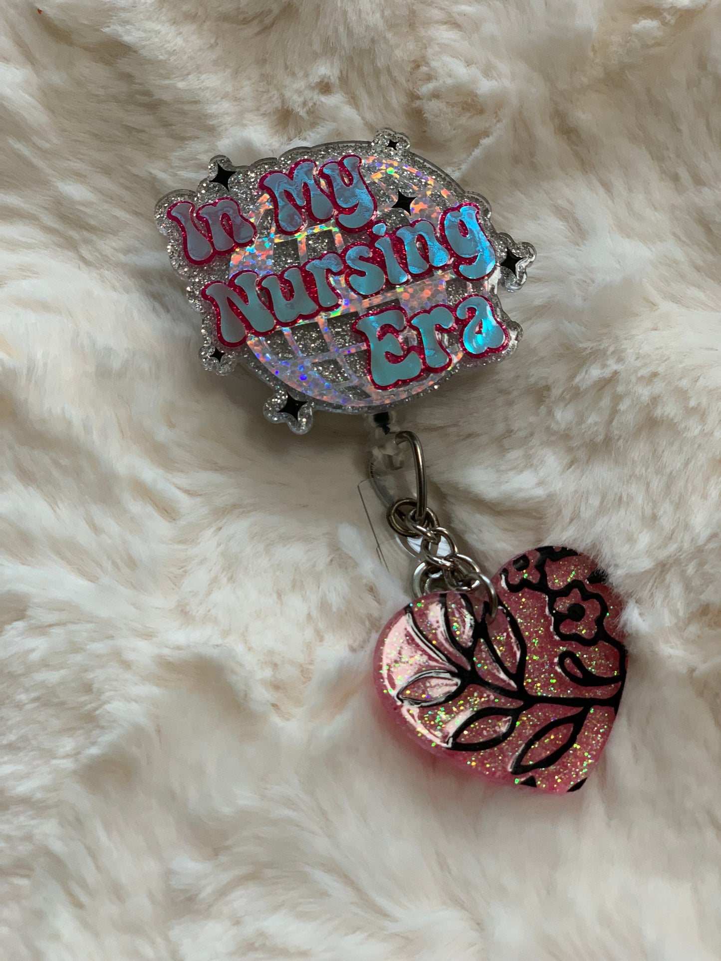 IRIDESCENT PINK IN MY NURSING ERA DISCO BALL WITH HEART CHARM ACRYLIC I.D BADGE REEL