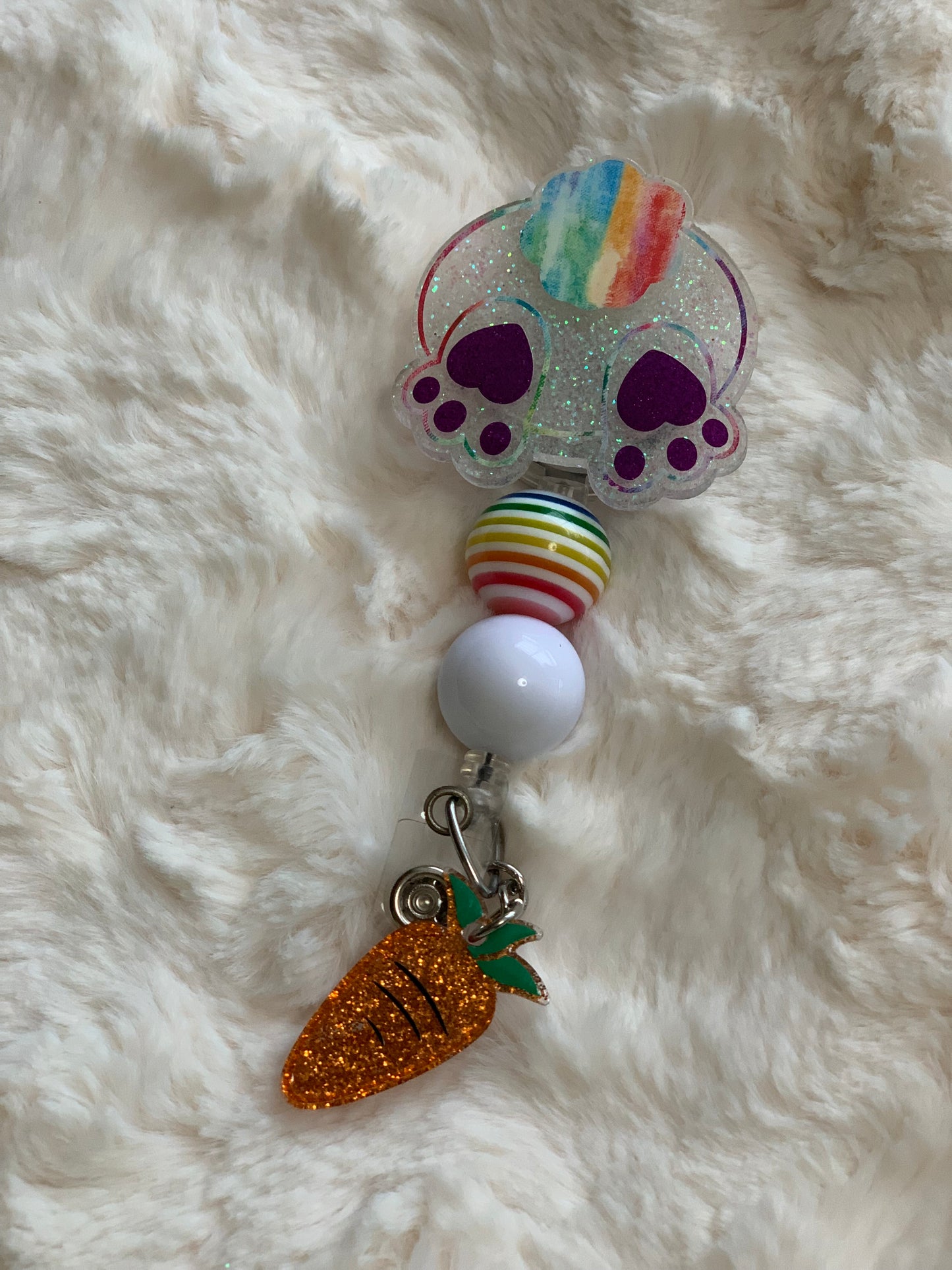 RAINBOW BUNNY BUTT WITH CARROT CHARM ACRYLIC I.D BADGE REEL