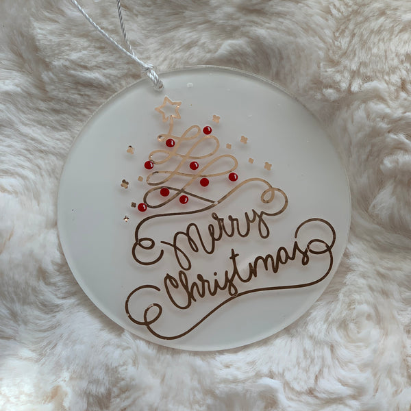 WHITE & GOLD MERRY CHRISTMAS RIBBON TREE ACRYLIC ORNAMENT