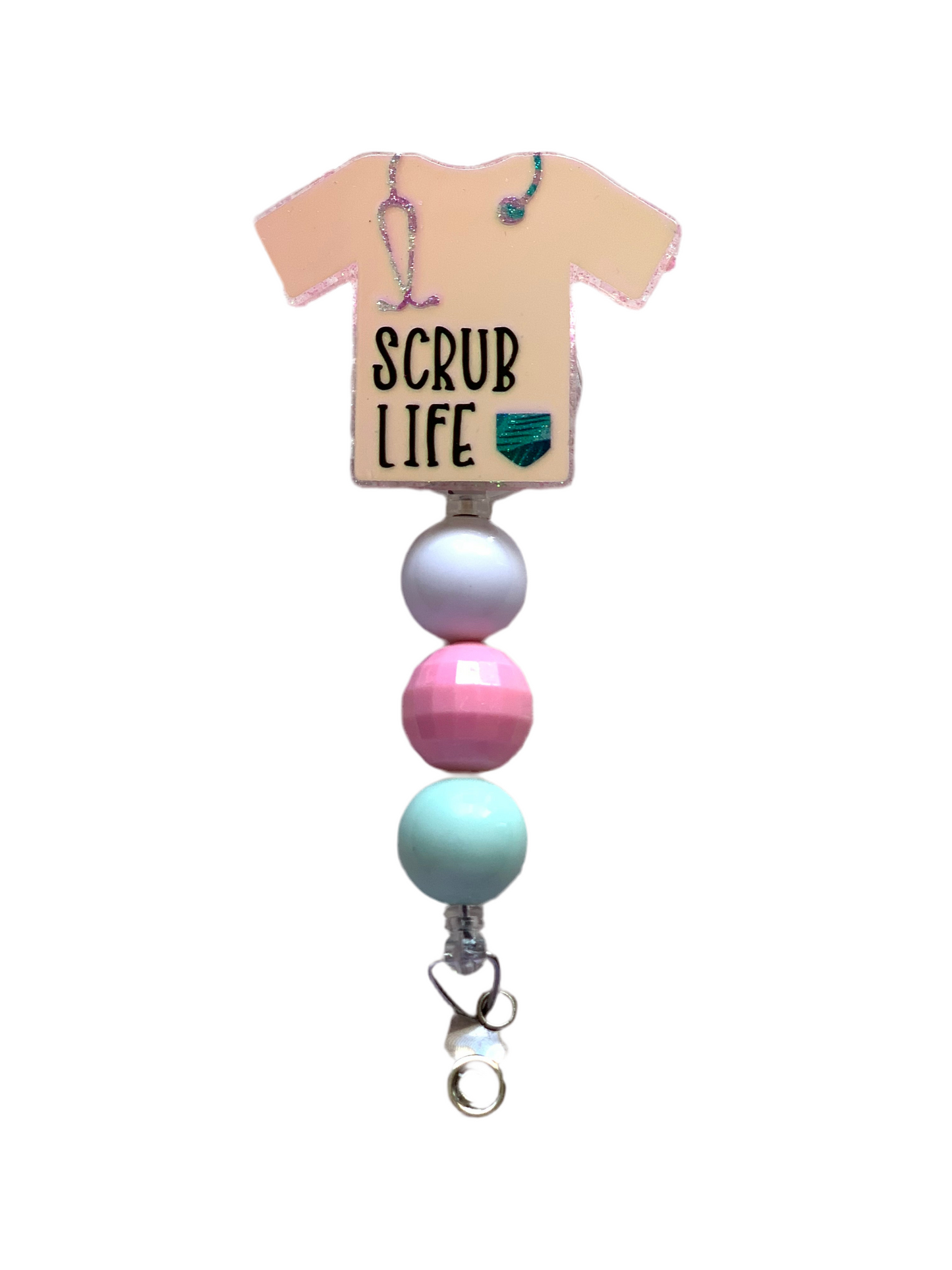 PINK IRIDESCENT SCRUB LIFE SCRUB TOP ACRYLIC I.D BADGE REEL