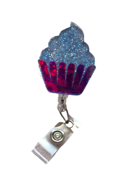 BLUE GLITTER CUPCAKE ACRYLIC I.D BADGE REEL