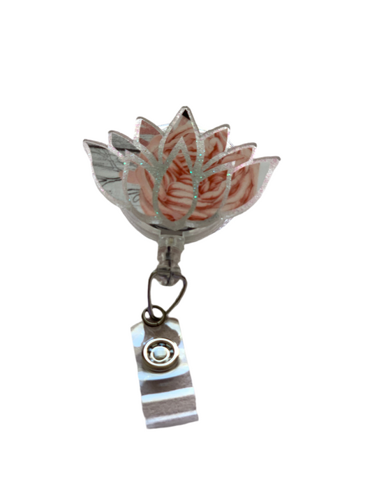 PINK & WHITE LOTUS FLOWER ACRYLIC I.D BADGE REEL