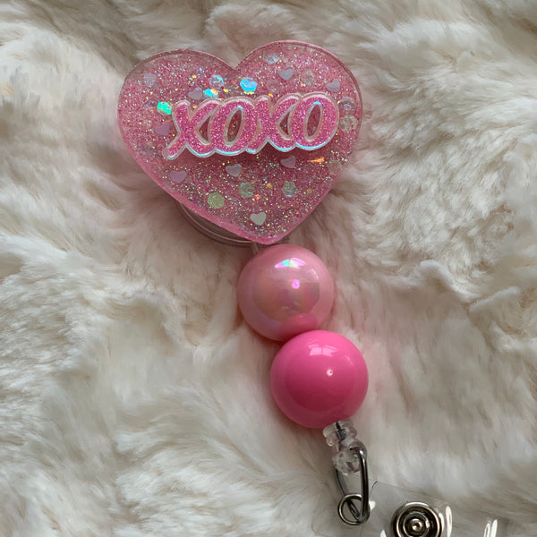 CUTE PINK XOXO VALENTINE’S DAY HEART BADGE REEL, HOLDER