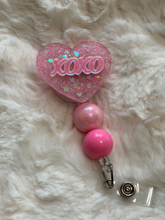 PINK XOXO HEART ACRYLIC I.D BADGE REEL