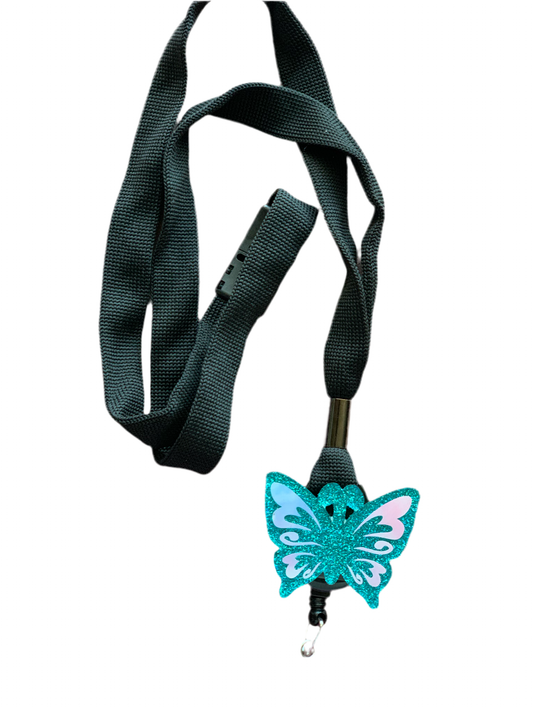 BLUE GLITTERED BUTTERFLY ACRYLIC I.D BADGE REEL