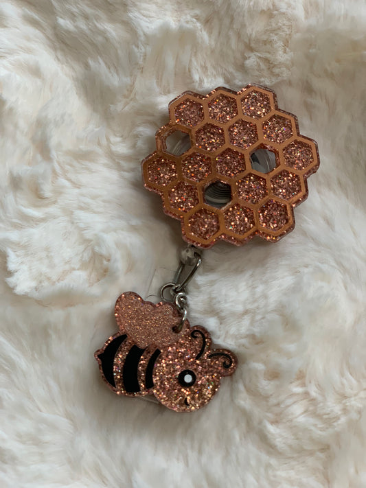 ROSE GOLD BEE HIVE WITH BABY BEE CHARM ACRYLIC I.D BADGE REEL